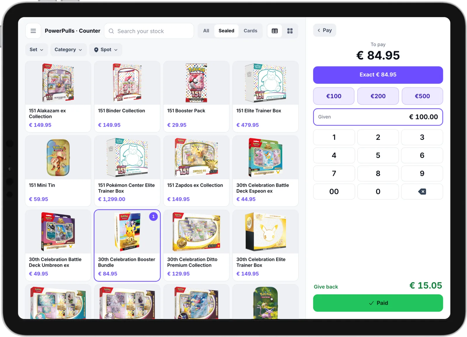 The cash screen of the POS: Exact, three notes, the keys and the change to give back