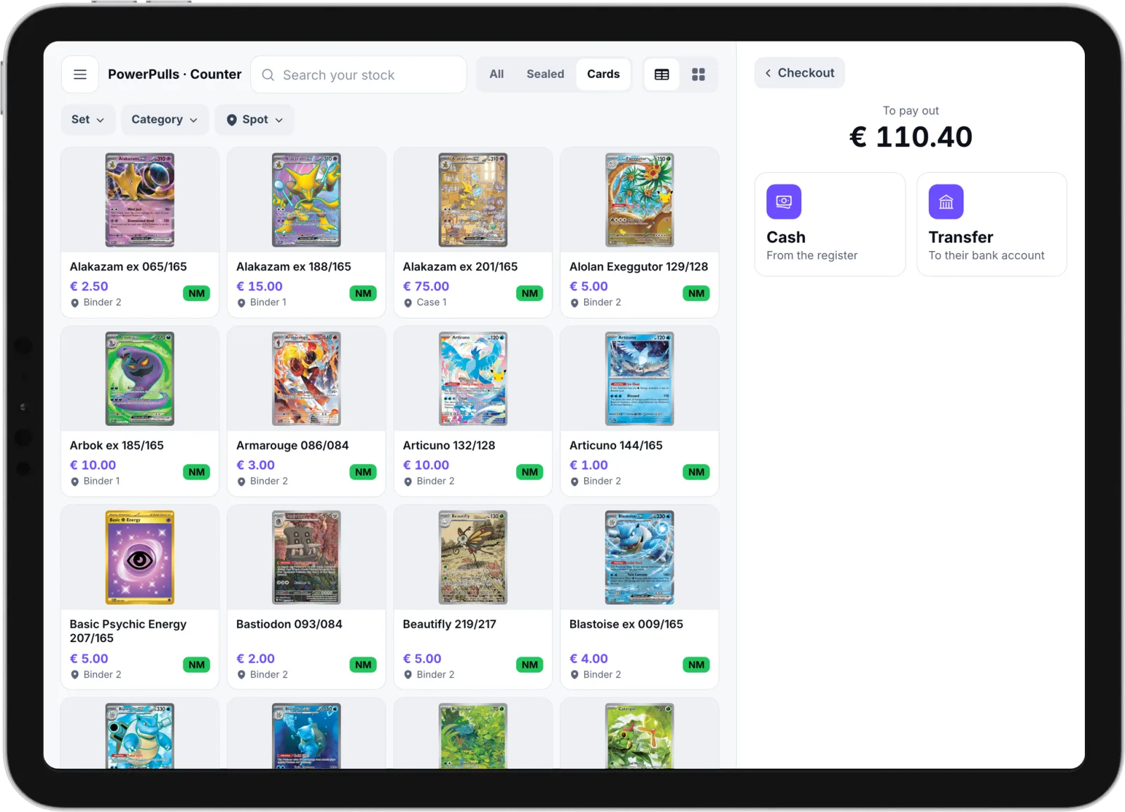 The POS on an iPad: the shop pays out for the cards it buys, in cash or by bank transfer