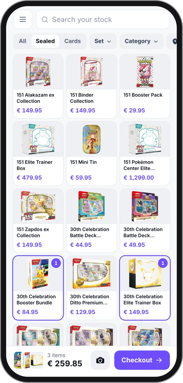 The POS on a phone: sealed products to tap and the order total at the bottom