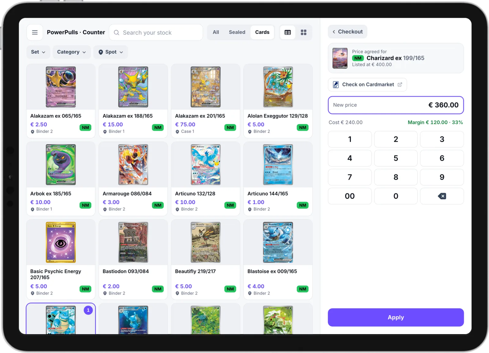 The POS on an iPad: a new price typed for a card, with what it cost and the margin under it