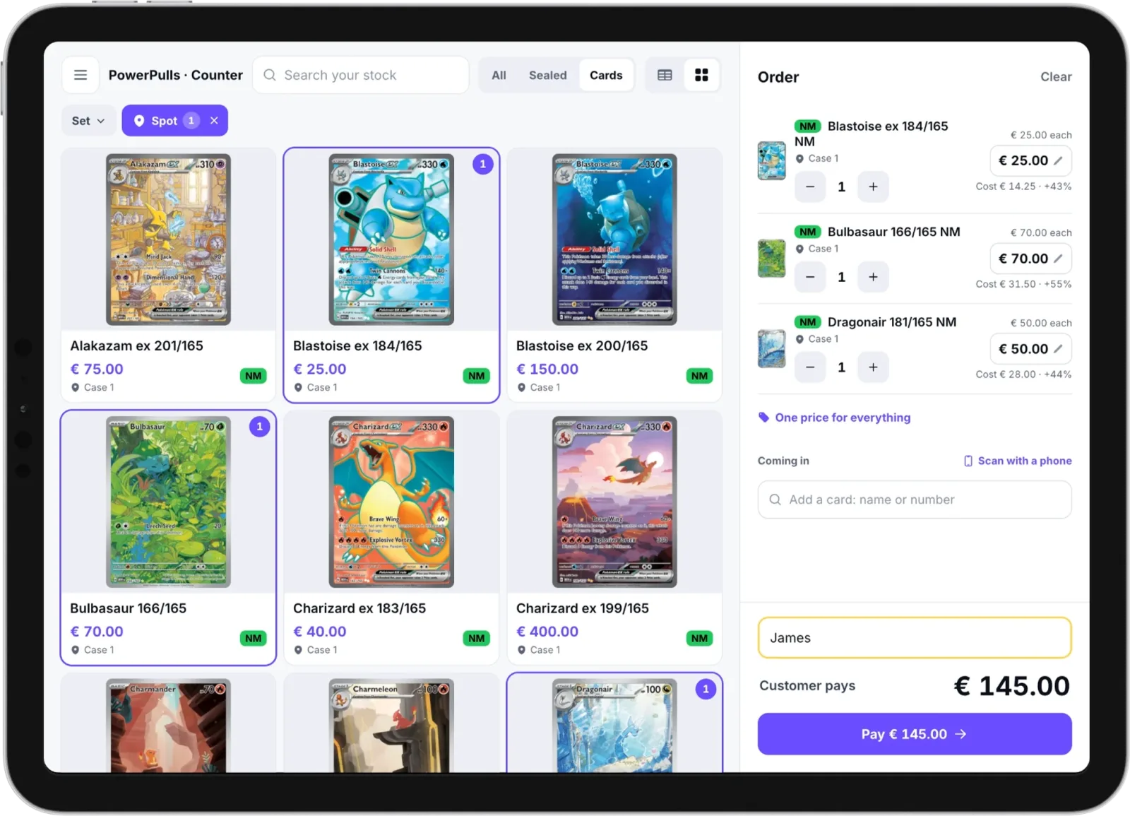 The POS on an iPad: cards to tap on the left, each with its price, condition and binder, and the order on the right