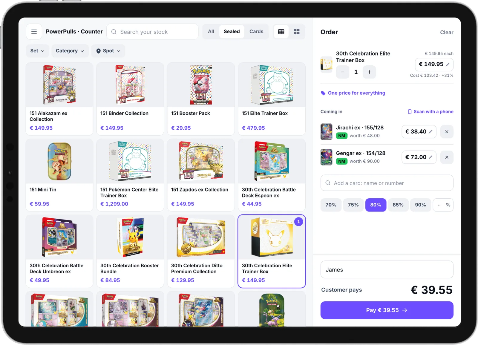 The POS on an iPad: an Elite Trainer Box going out, two cards coming in at 80%, and the customer paying the difference