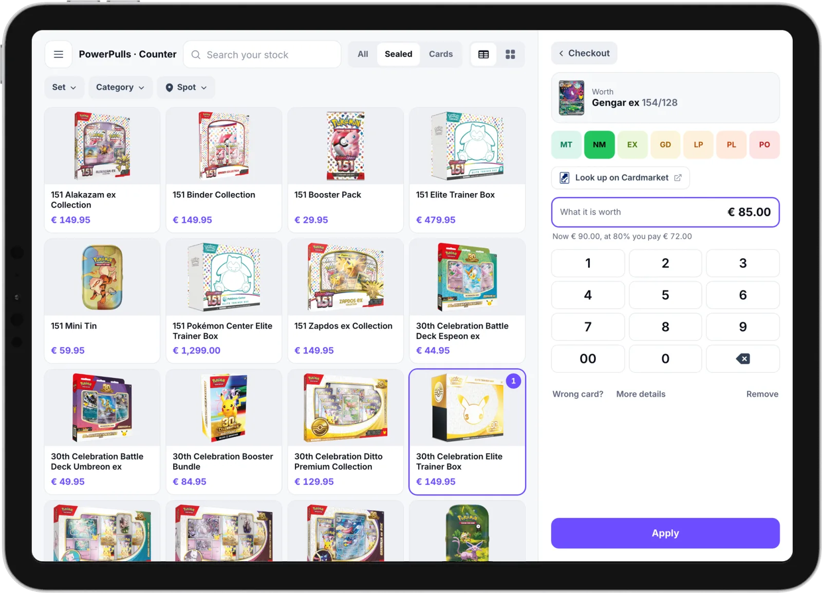 The POS on an iPad: what a card coming in is worth, with its condition and a Cardmarket button