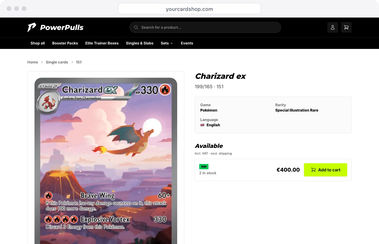 A single card's page: the picture, set, number, rarity and language, and a Near Mint copy with its price and Add to cart