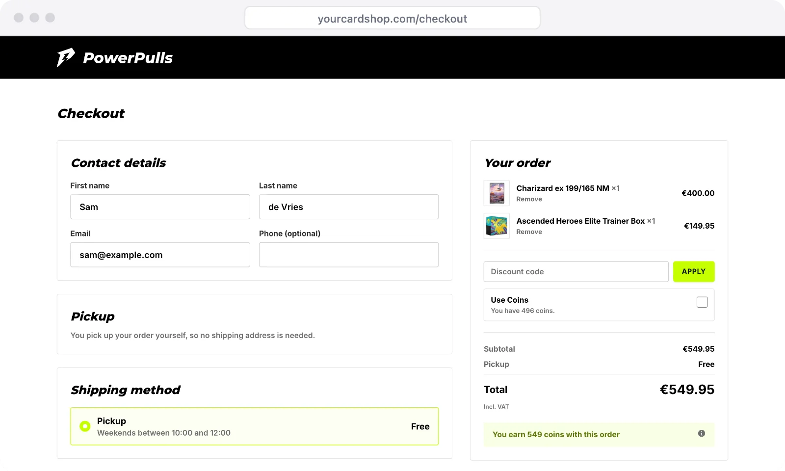 The checkout on one page: contact details, pickup, and the order with a discount code, points and the total