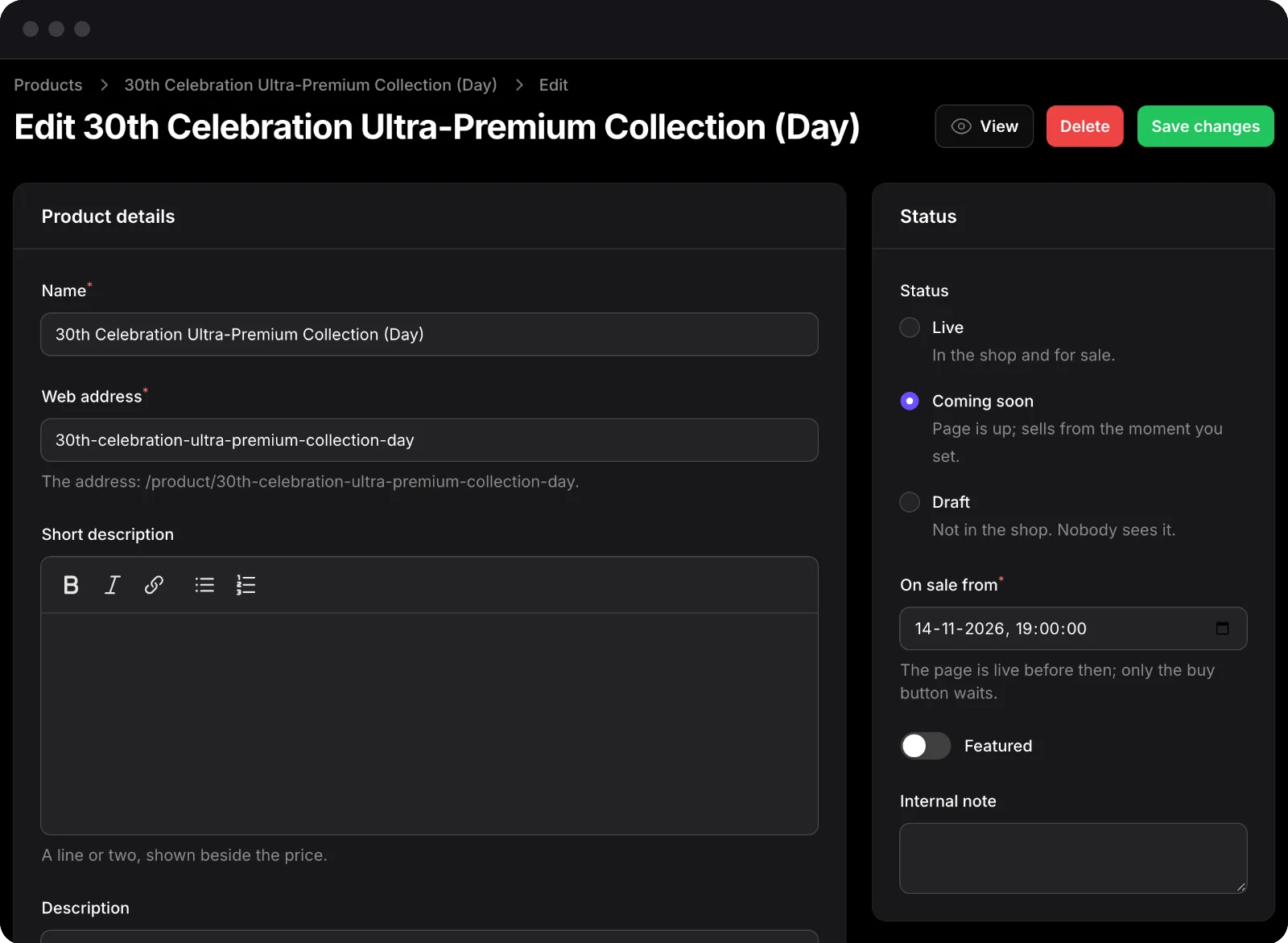 A product in the admin set to Coming soon, with the date and time it goes on sale
