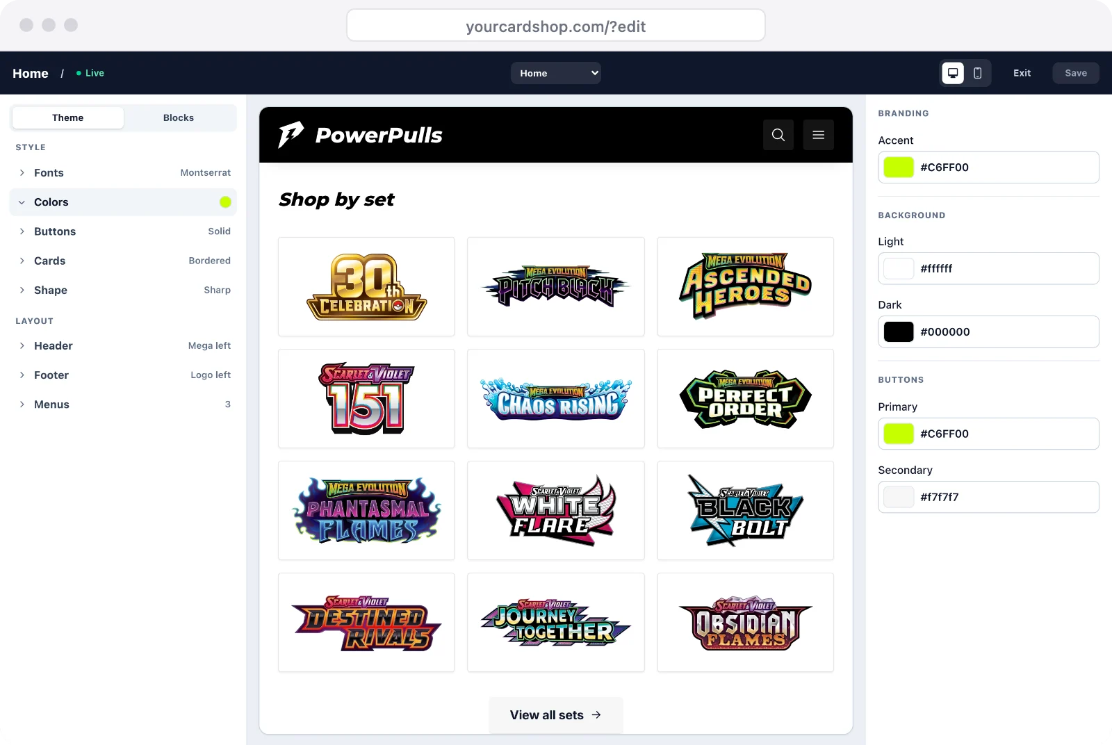 The page editor: the Theme tab and its colors beside the store's home page, shown as buyers see it