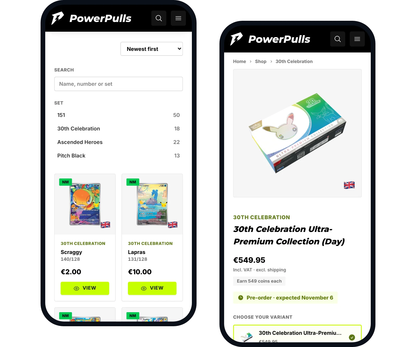 The store on two phones: the singles section with its filters, and a pre-order product with its expected date