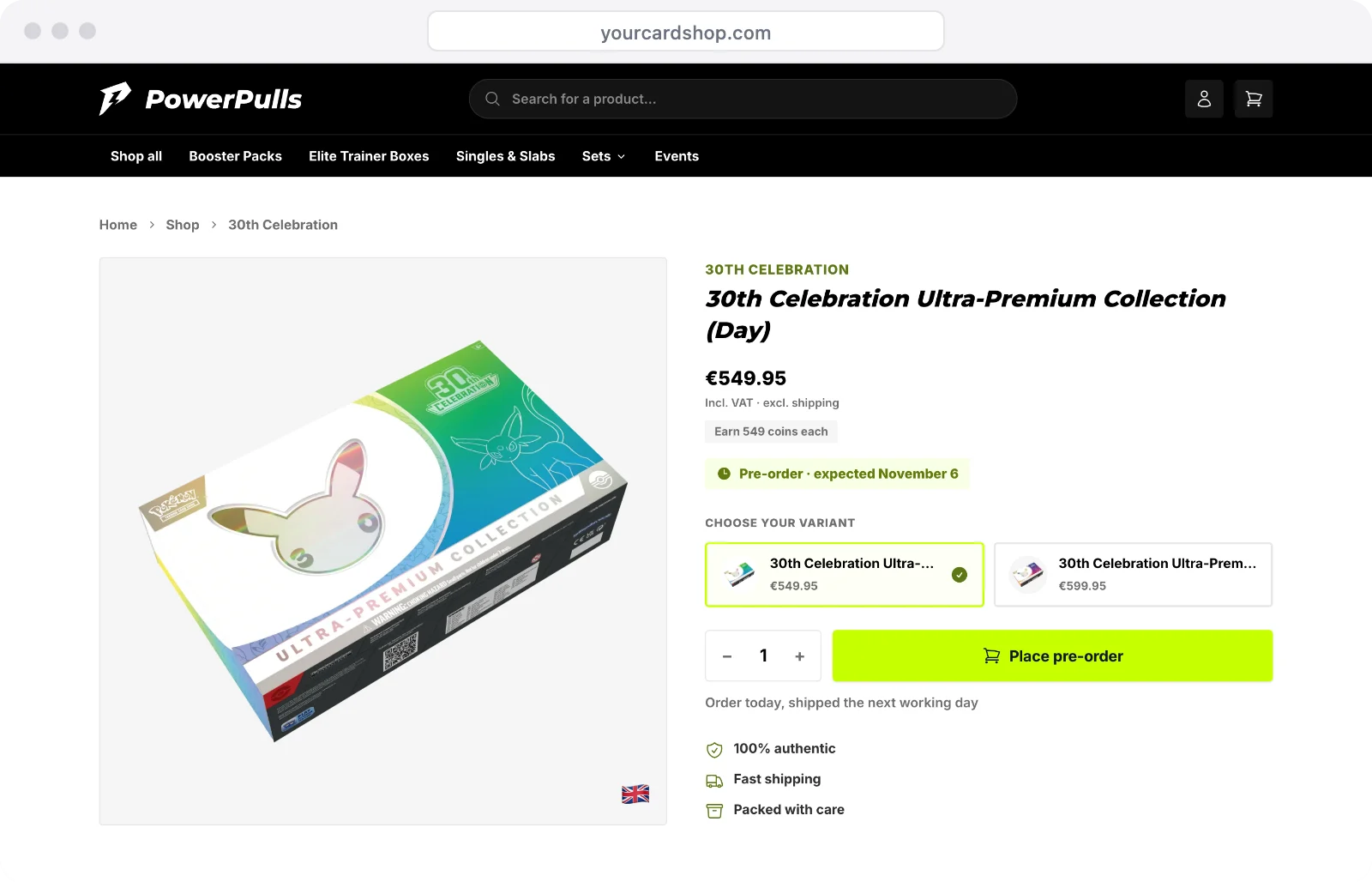 A pre-order product page with its expected date and a Place pre-order button