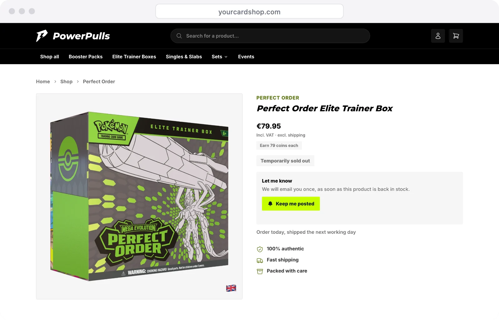 A sold-out product page with a Let me know box and a Keep me posted button