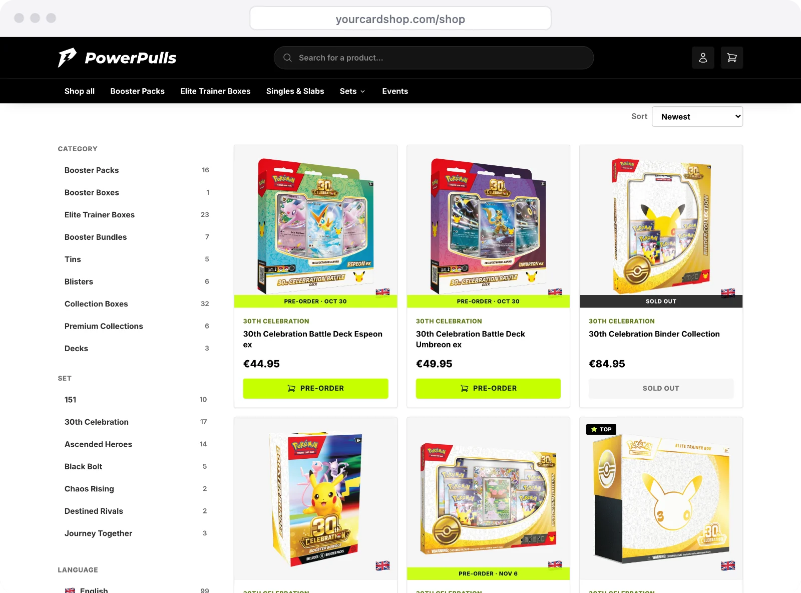 The shop page of a card store: filters by category and set on the left, boxes marked pre-order or sold out on the right