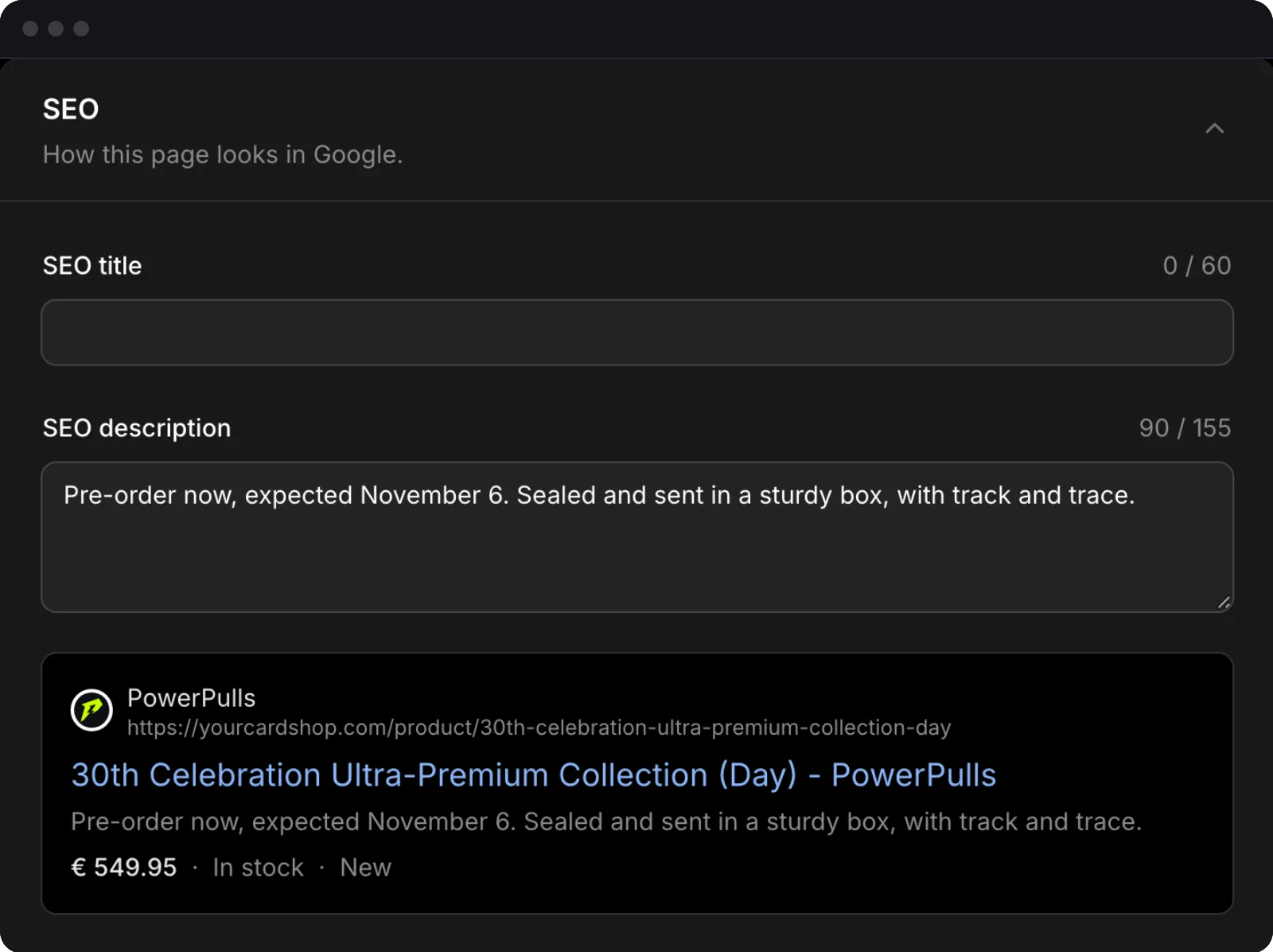 The SEO fields of a product with a preview of its Google result: name, address, title, description, price and stock