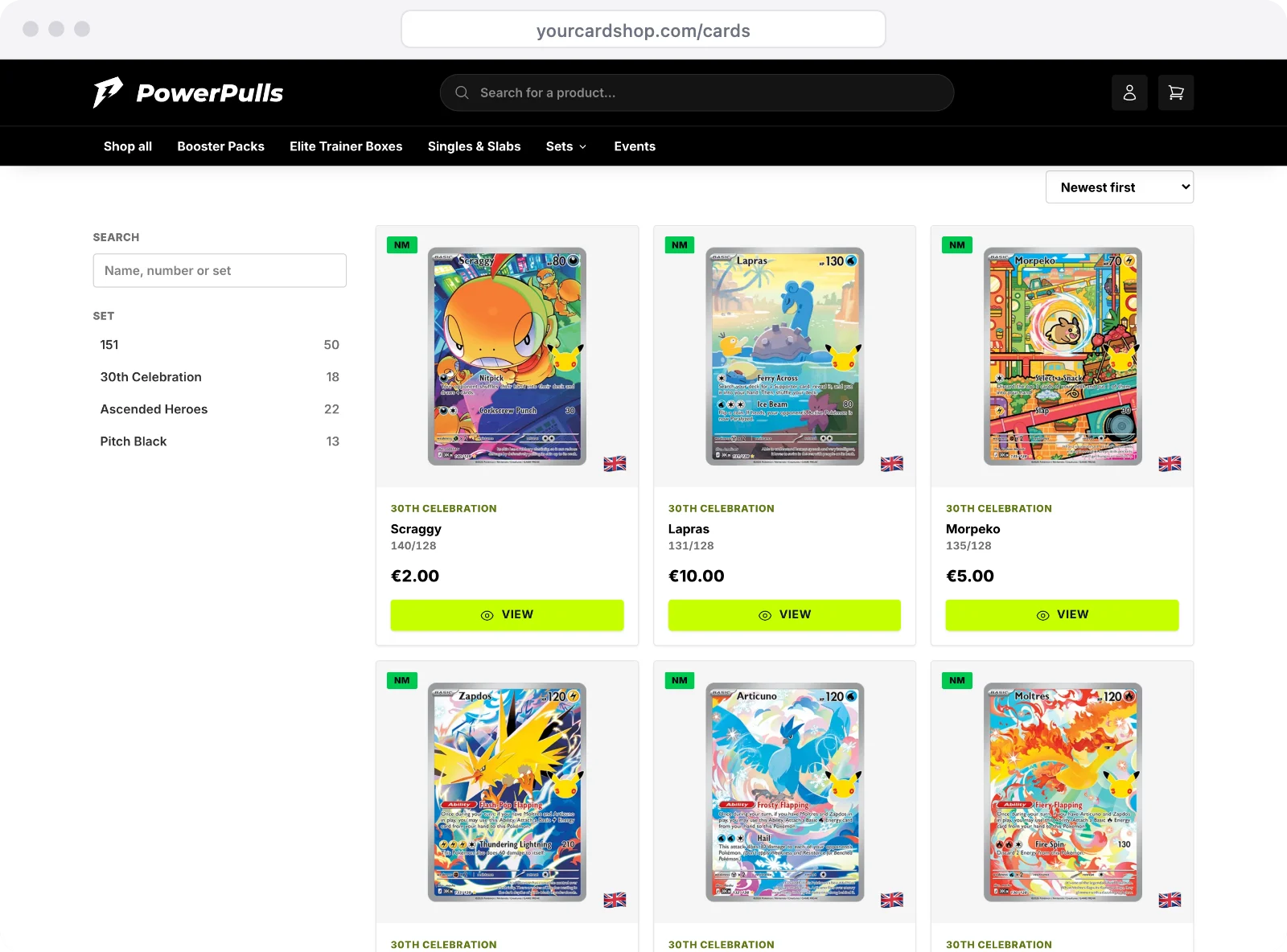 The singles section: a search box and set filters on the left, cards with their condition and price on the right